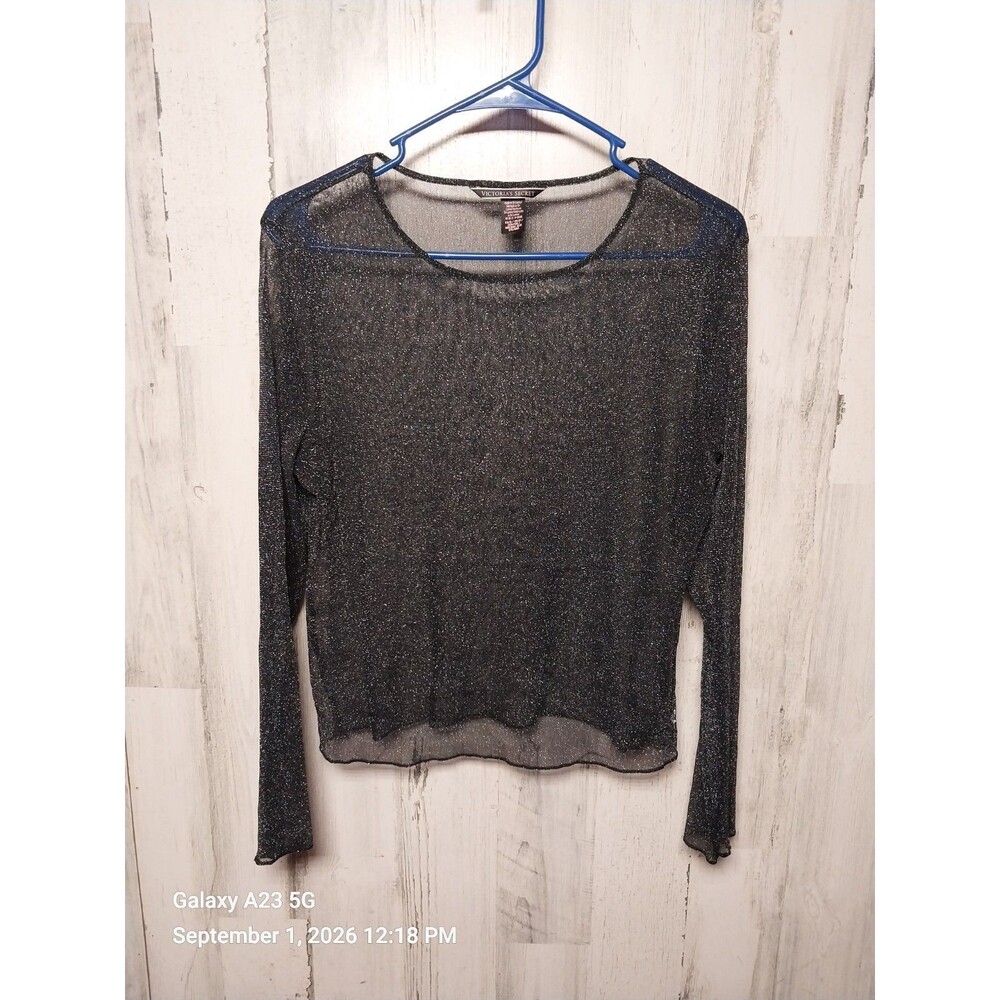 Victoria's Secret Women's XS/S Metallic Shimmer Sheer Knit Top Long Sleeve Black